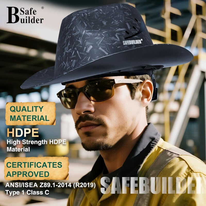 SAFEBUILDER خوذة أمان على طراز رعاة البقر فئة C مع فتحات تهوية خوذات صلبة ذات حافة كاملة للرجال والنساء في الهواء الطلق، الصناعية، حماية الرأس في البناء - معتمدة من ANSI - Image 3